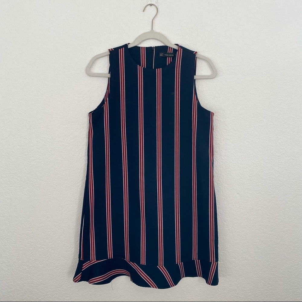 ZARA Women’s Size Medium Navy Blue Pinstriped Tank Midi Dress With Ruffle Hem